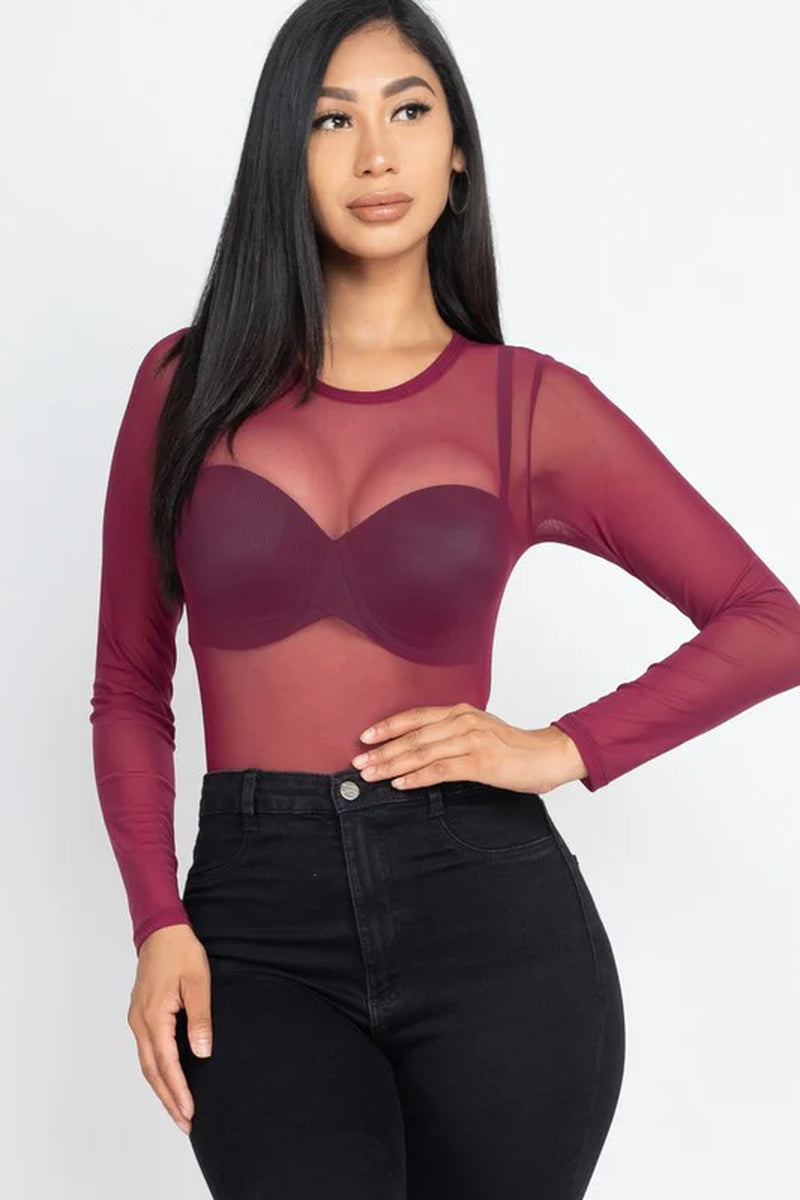 Mesh Shirt Sheer Blouse Long Sleeves Bodysuit